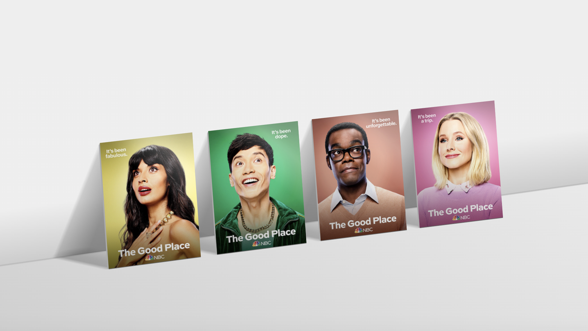 The Good Place cast photos styled as a row of leaning cards.