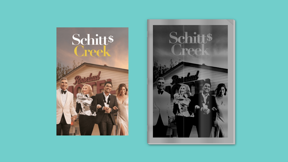 The Schitt’s Creek cast styled as a photocopied zine.