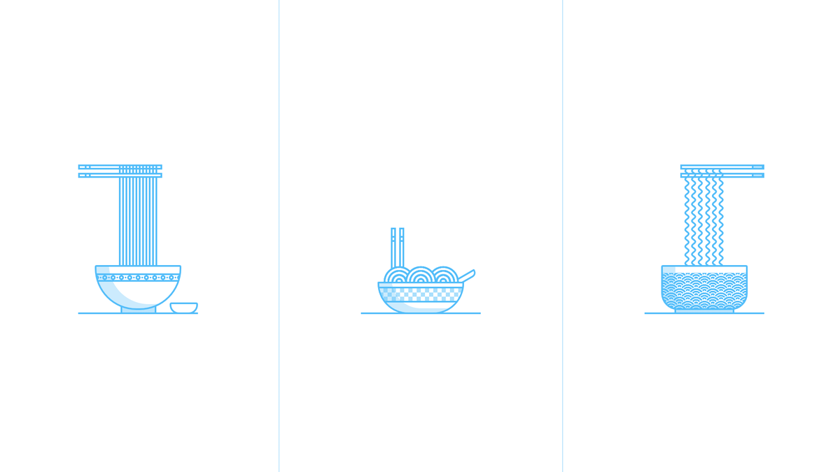 Three line illustrations in blue depicting bowls of noodles and chopsticks.