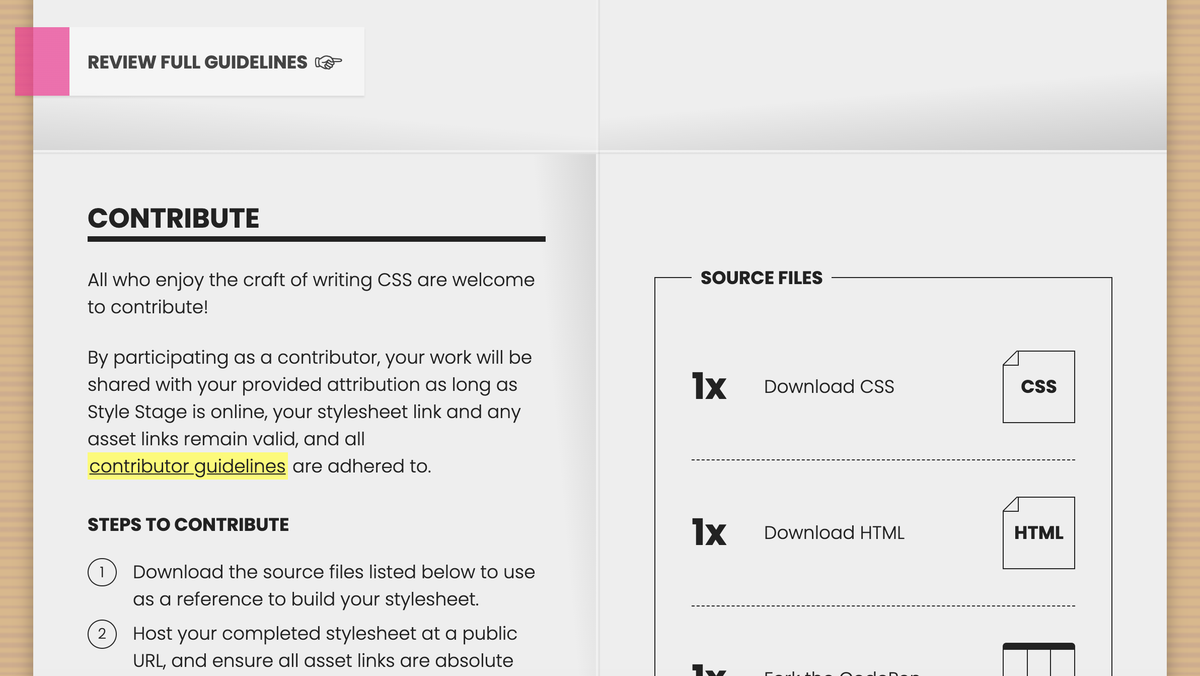 Screenshot of a website that is styled to look like a folded instruction manual with sticky post-it labels.