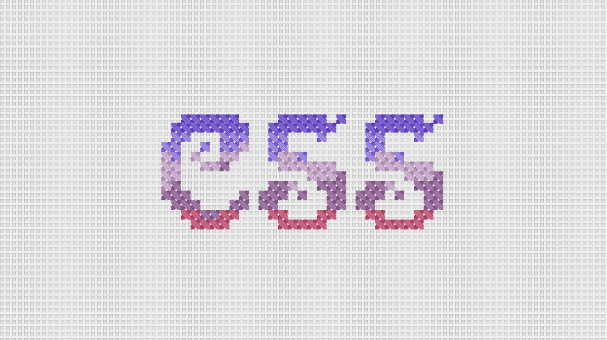 The letters CSS drawn to look cross stitched in varying purple and pink thread colors.