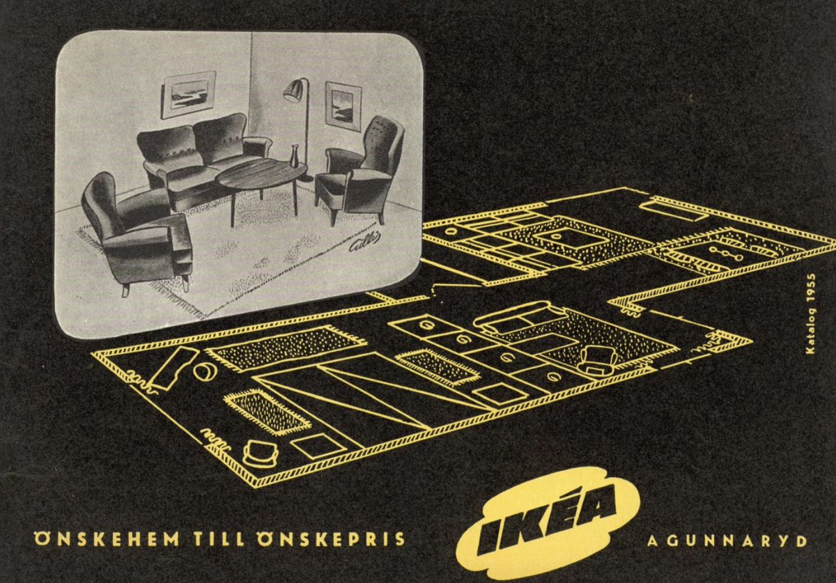 IKEA catalog from 1955: a retro black and yellow floorplan drawing and a pencil drawing of a living room.