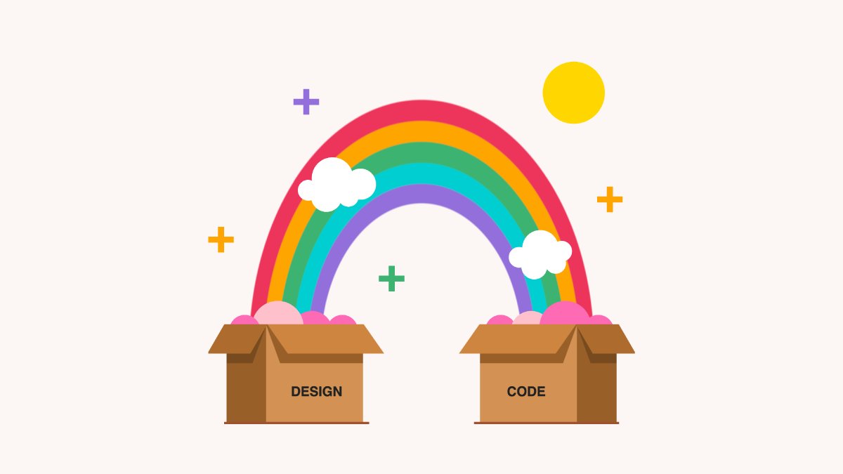 Illustration of two open cardboard boxes, labeled “Design” and “Code” respectively. A rainbow with clouds and sparkles connects the two boxes.