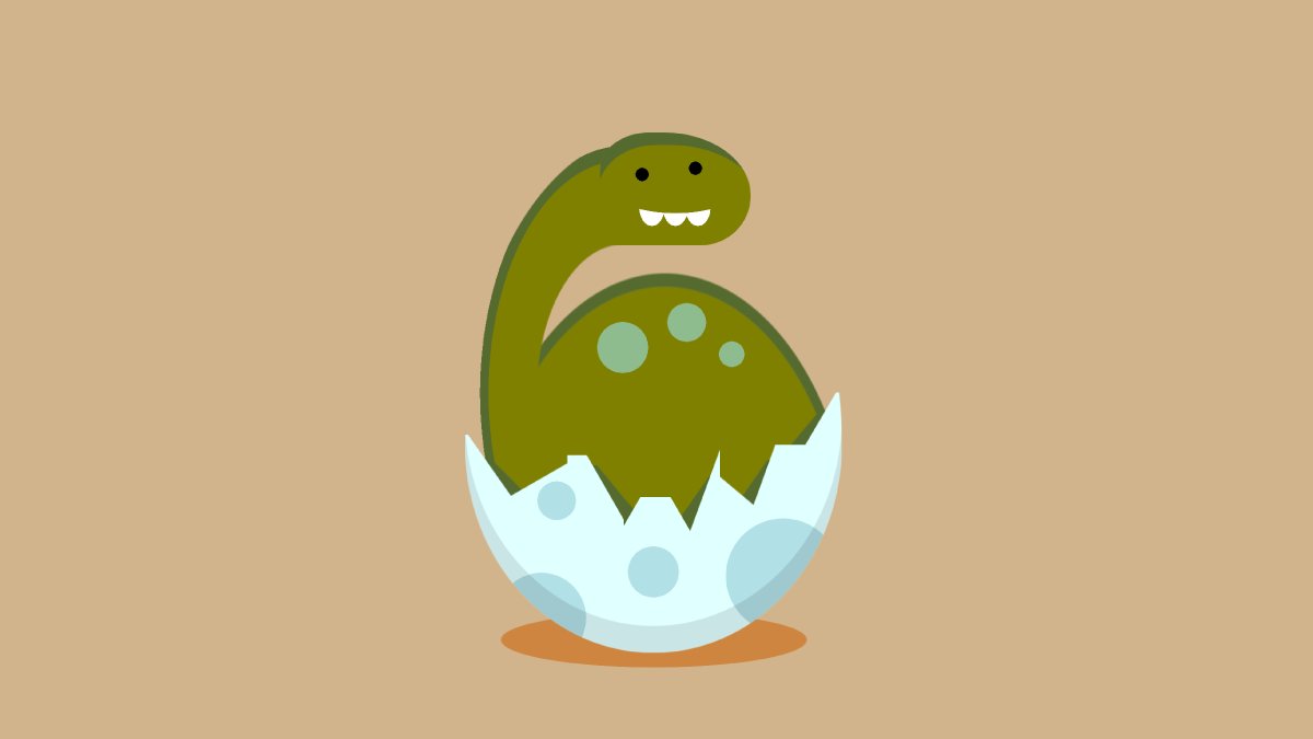 Illustration of a smiling baby dinosaur emerging from a cracked egg.