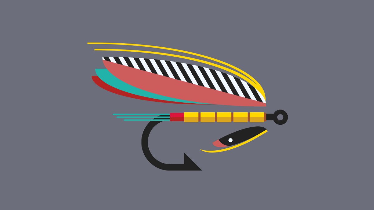 Illustration of a colorful salmon fly lure.