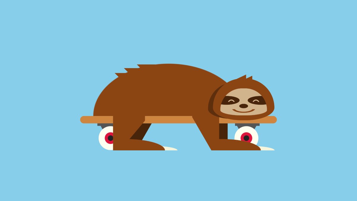 Illustration of a happy sloth resting on a skateboard.