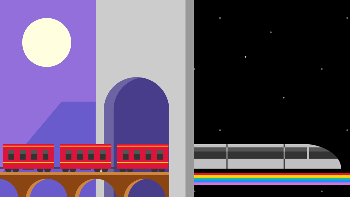 Illustration of a traditional rail train entering a tunnel and coming out the other side a futuristic train in space traveling along a rainbow.