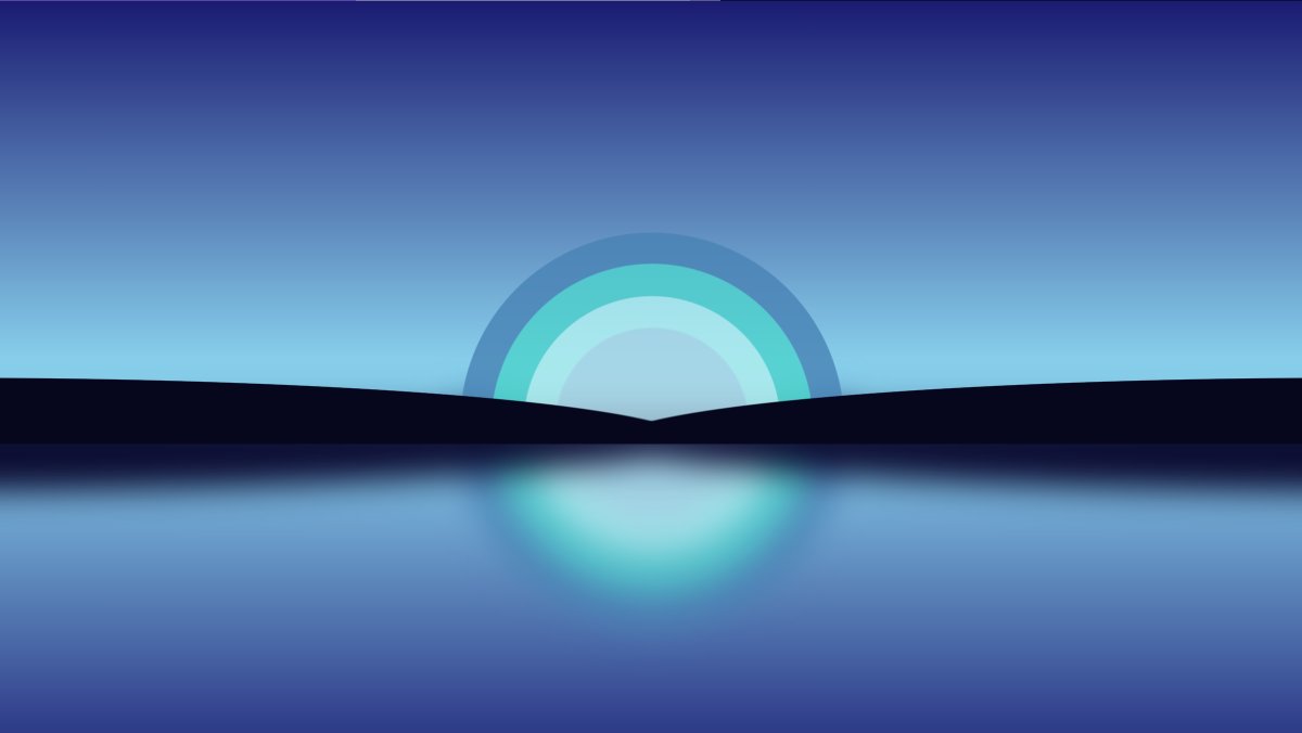 Illustration of a blue sun rising above the horizon and reflected on a body of water. 