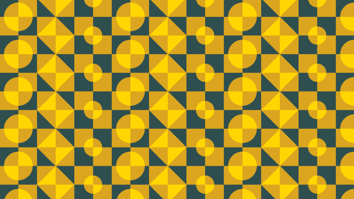 Repeating pattern of tri-color overlapping squares and circles.