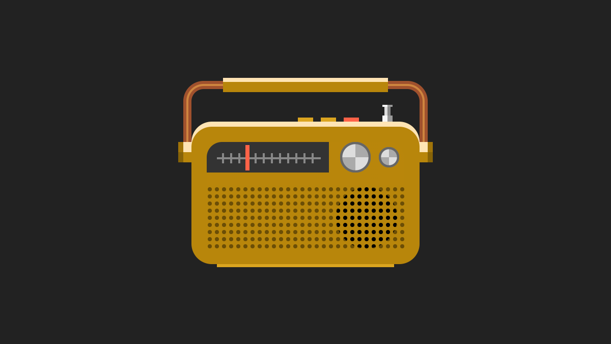 Illustration of a gold vintage radio with carrying handle.