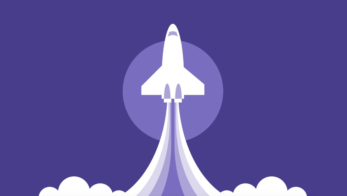 Monochrome illustration of a rocket ship taking off, leaving a cloudy trail behind it.