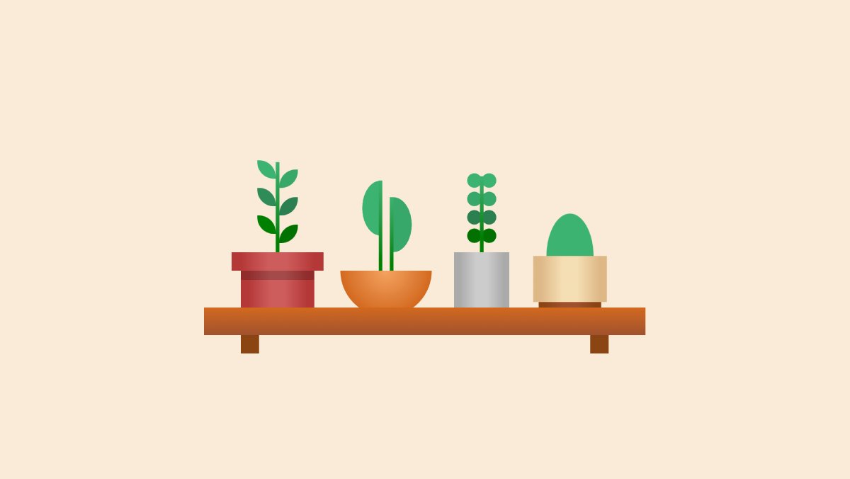 An illustration of a wall shelf with four potted baby plants.