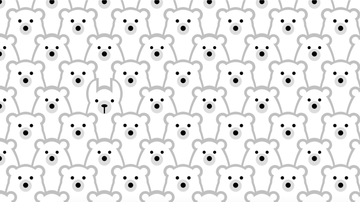 A repeating pattern of polar bear faces, with one llama face hiding among them.