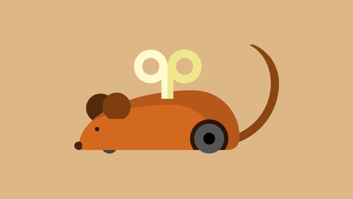 Illustration of a wind-up mouse toy with gold key in its back and grey wheels.