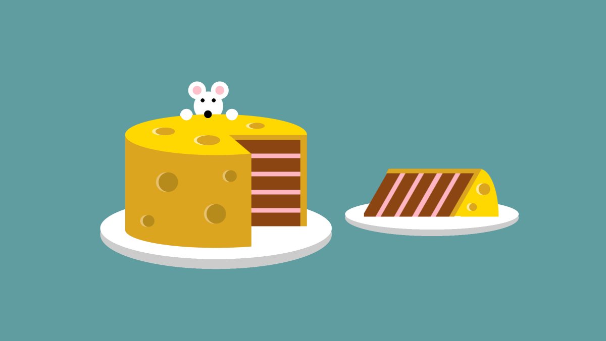 An illustration of a block of cheese with a slice cut out of it, and the inside is chocolate cake. A mouse peeks over the top.