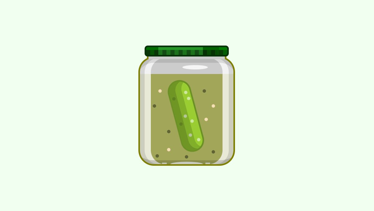 Illustration of a pickle floating alone in a jar.