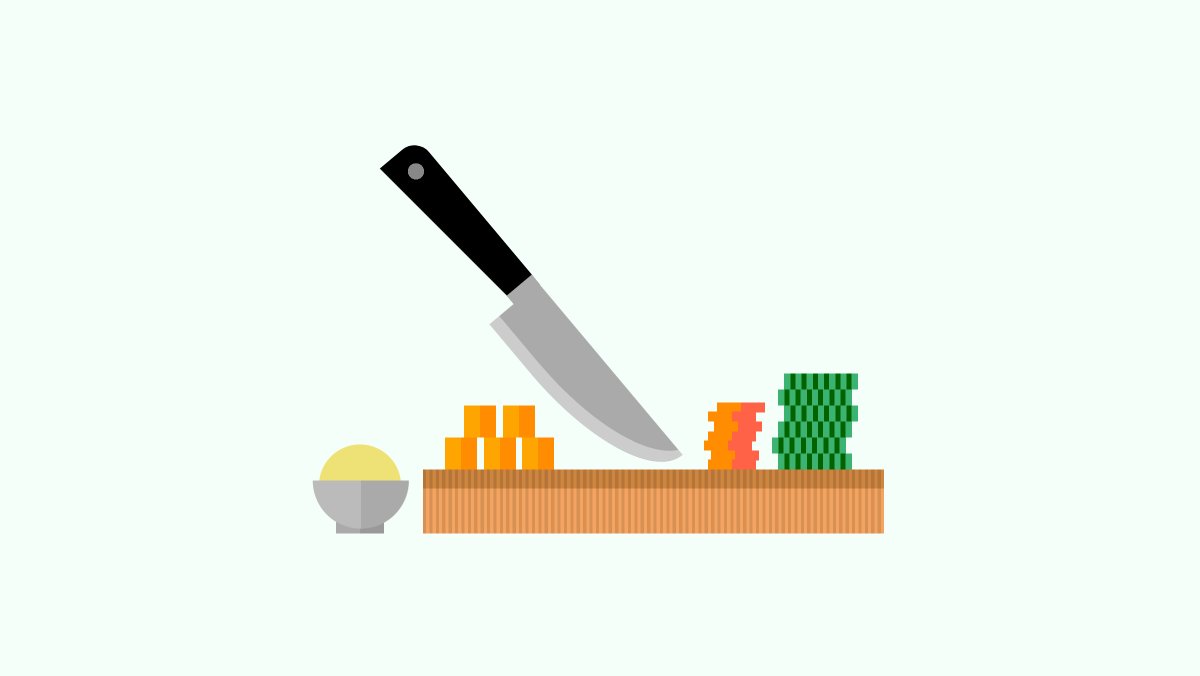 Illustration of a cutting board, knife, and various chopped veggies.