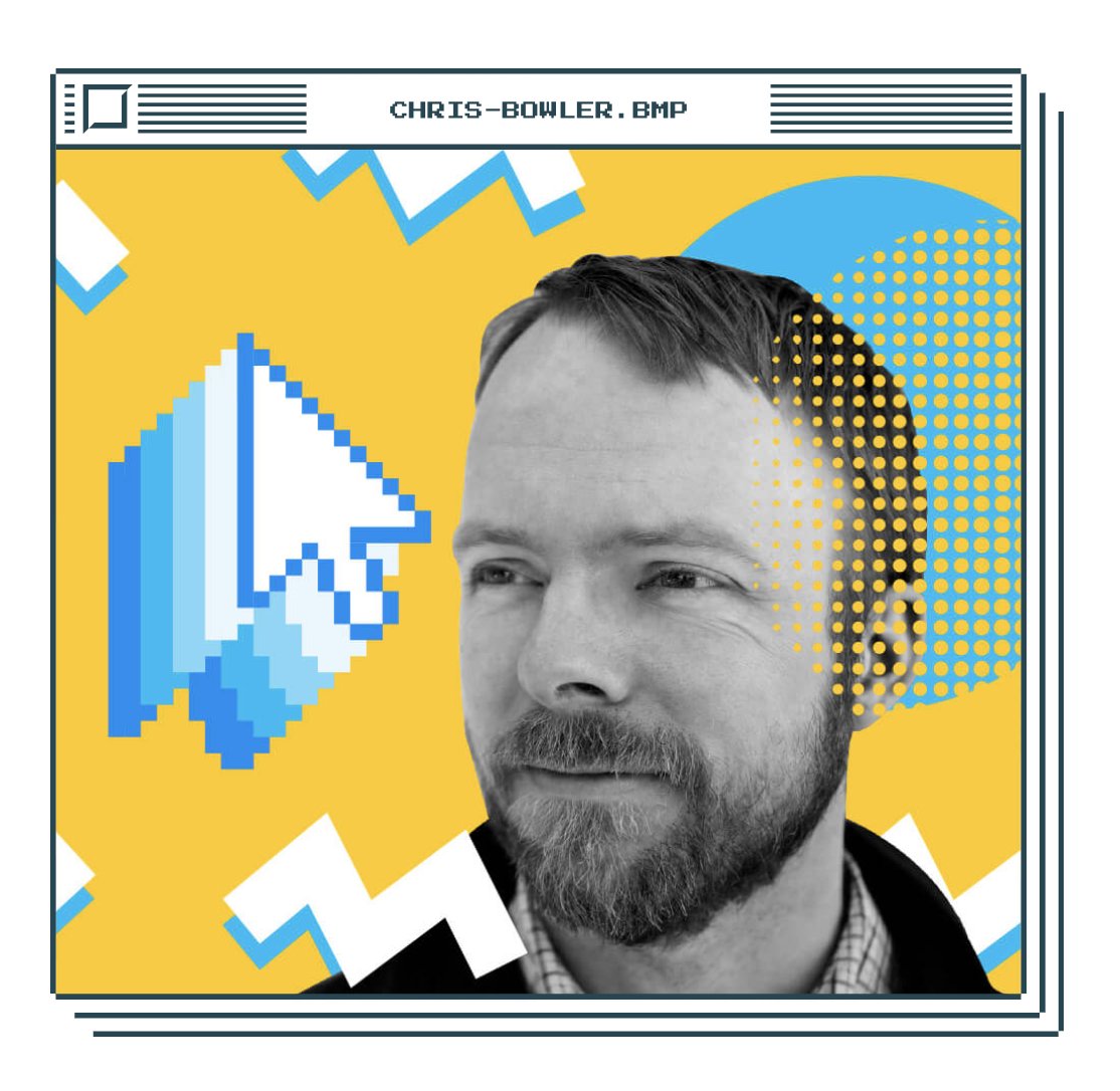 Chris Bowler in an 8-bit computer window, surrounded by pixelated and half-tone mouse cursors and shapes