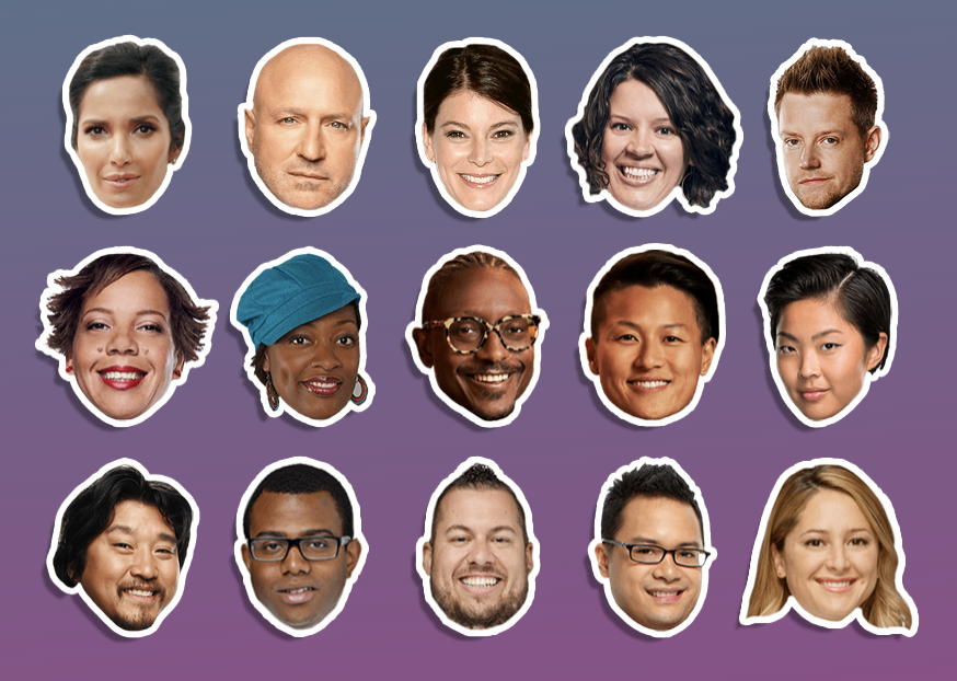 Grid of 15 faces from Top Chef season 18 including Padma, Tom, Gail, and a bunch of returning chefs from previous seasons.