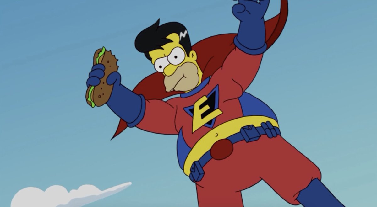 Homer Simpson as the superhero Everyman in the sky, munching on a sub sandwich.