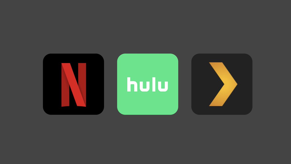 three app icons with logos for Netflix, Hulu, and Plex