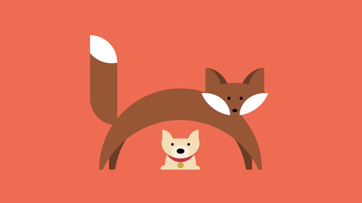 a minimalist illustration of a brown fox stretching its arched body over a little dog