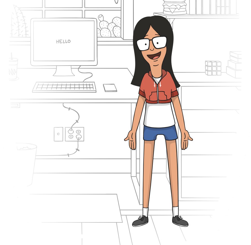 illustration of the artist in Bob’s Burgers style, wearing tiny shorts and a tiny shrunken hoodie