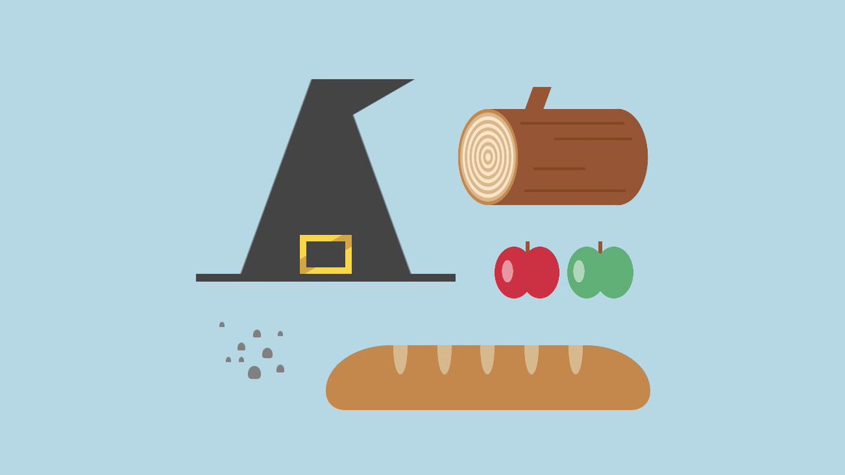 an illustration of a witch’s hat, a wood log, two apples, a baguette, and some small rocks