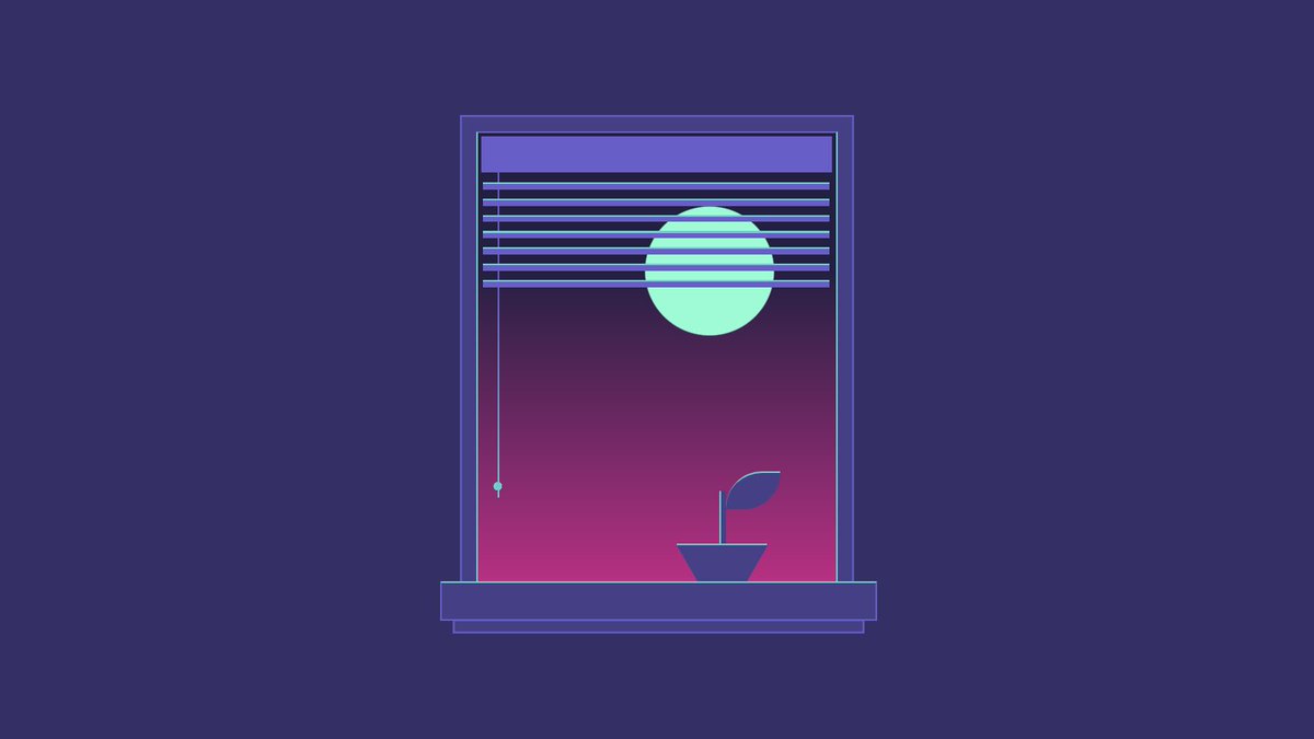 neon-colored illustration of a full moon shining light on an open window