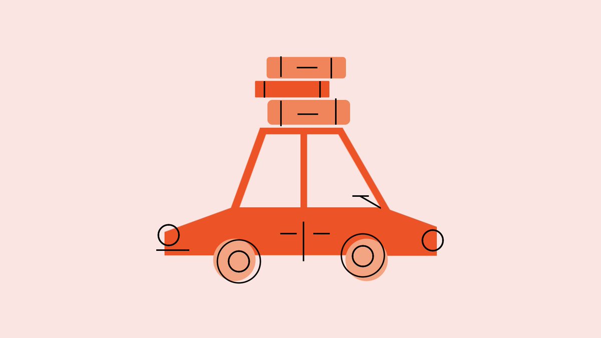 monochrome, geometric illustration of a car with suitcases stacked on top