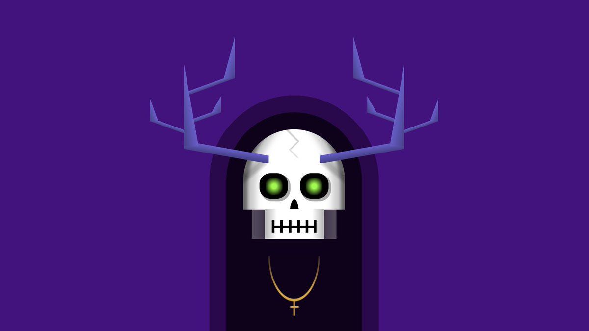 a death-like hooded creature wearing a cross necklace with an exposed human skull, glowing green eyes, and jagged deer horns