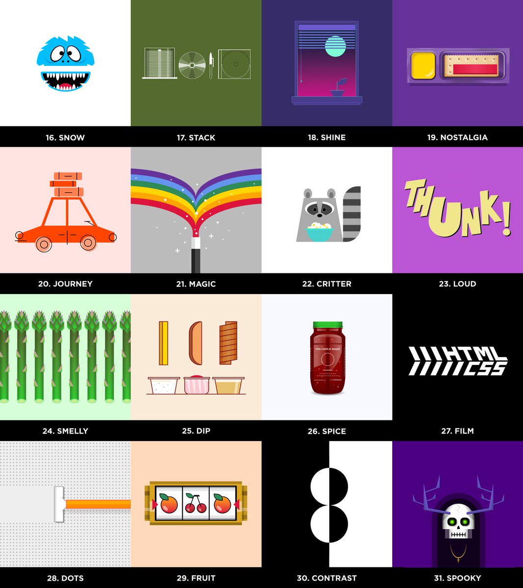 a grid of 16 CSS illustrations as seen on a.singlediv.com