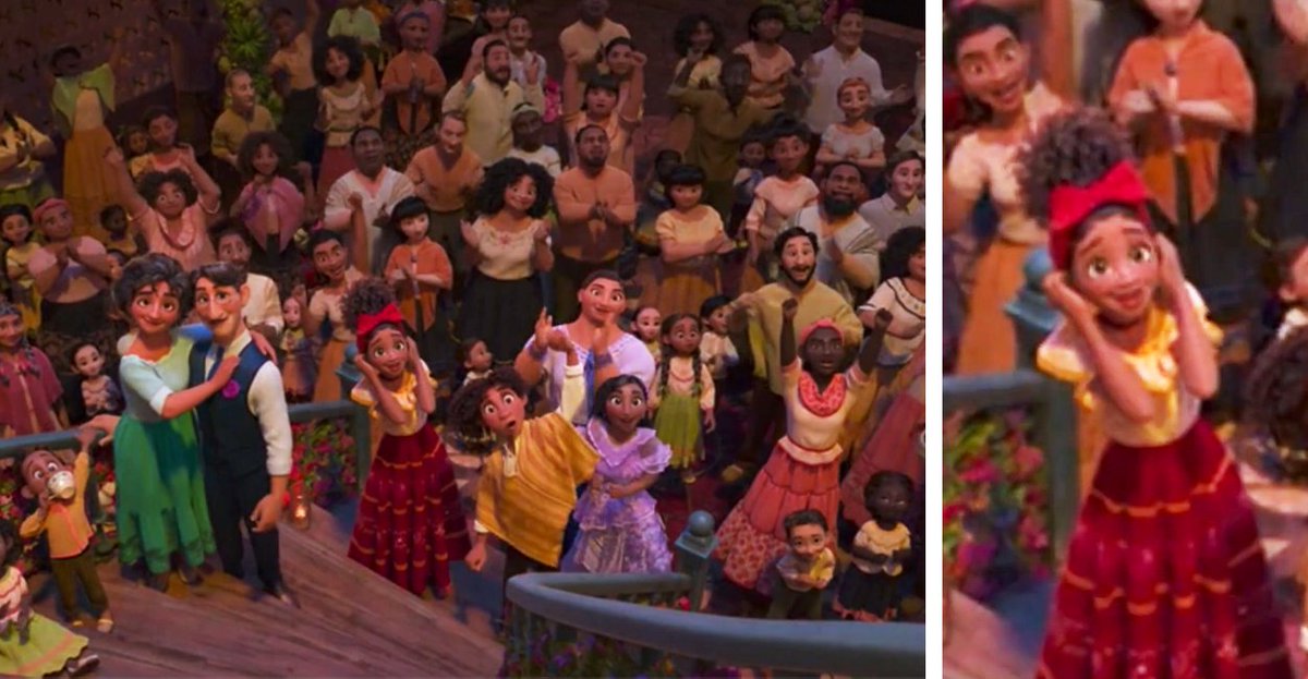 a bunch of townsfolk gathered in casita and cheering, with some of the Madrigal family at the base of the stairs; a closeup of Dolores who is smiling and covering her ears