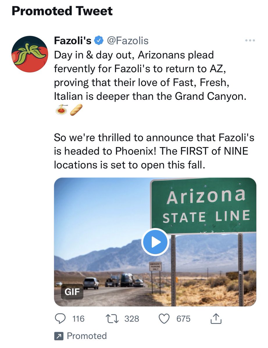 A Fazoli’s tweet about retuning to Arizona this fall