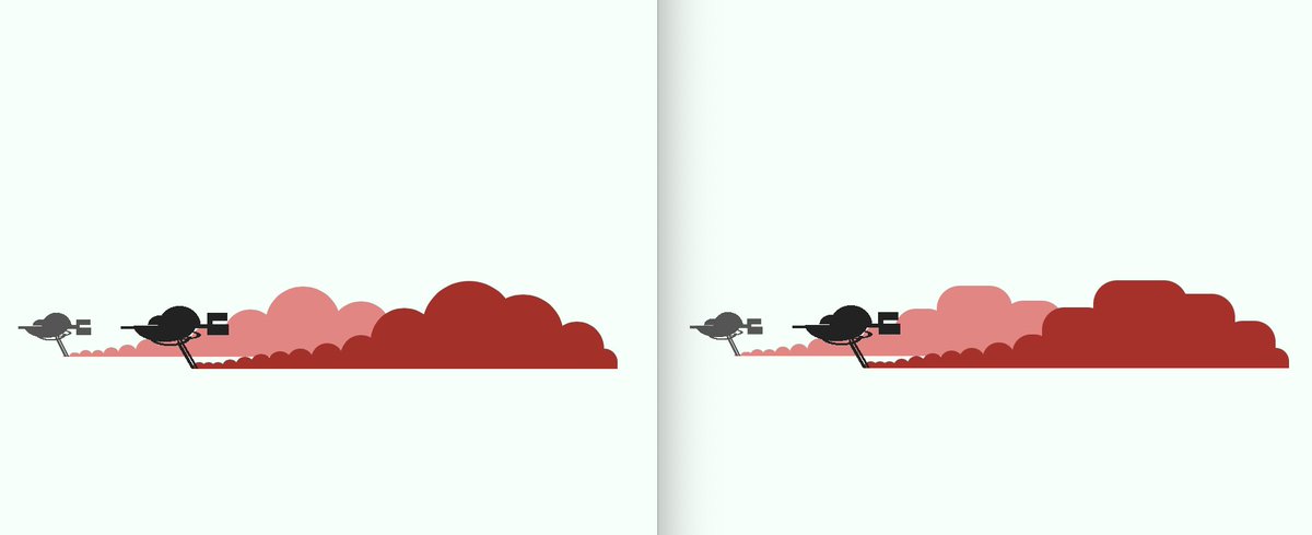 Side by side illustrations of the battle of Crate from Star Wars: The Last Jedi. The left side shows plumes of red dirt as circular clouds and the right shows the plumes as rounded rectangles.