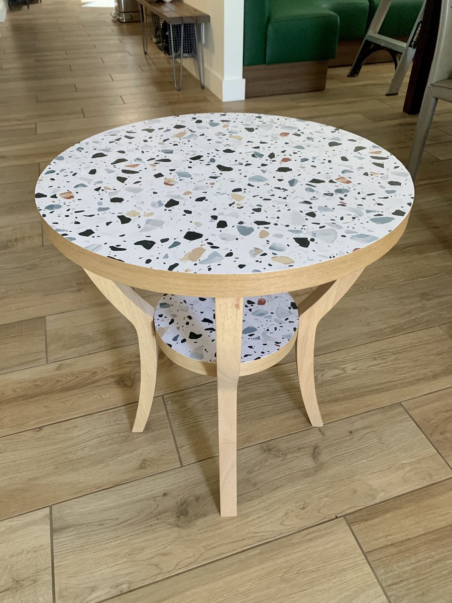 the side table looking less sad with the top and shelf now covered in terrazzo wallpaper