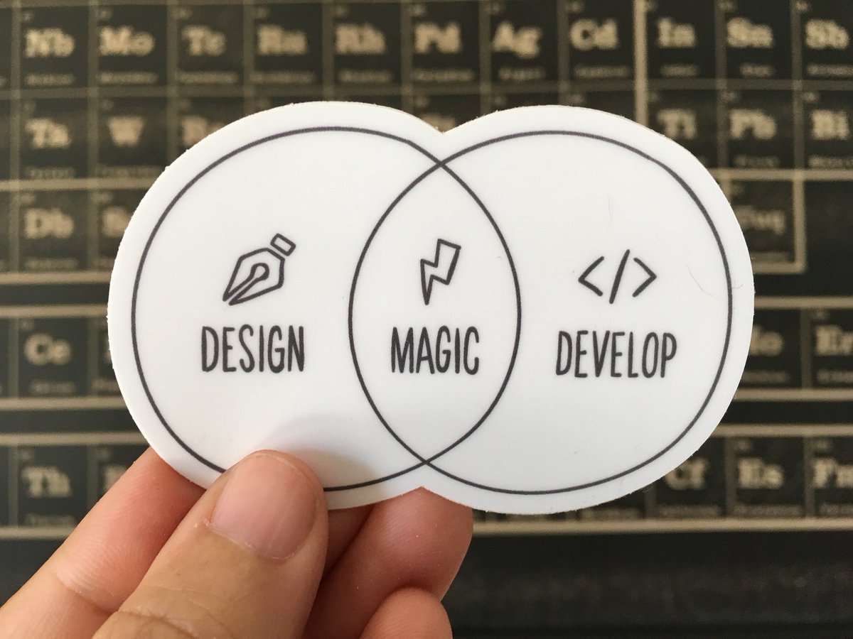 a 3-inch vinyl sticker of a venn diagram with Design on one side, Develop on the other, and Magic in the overlap