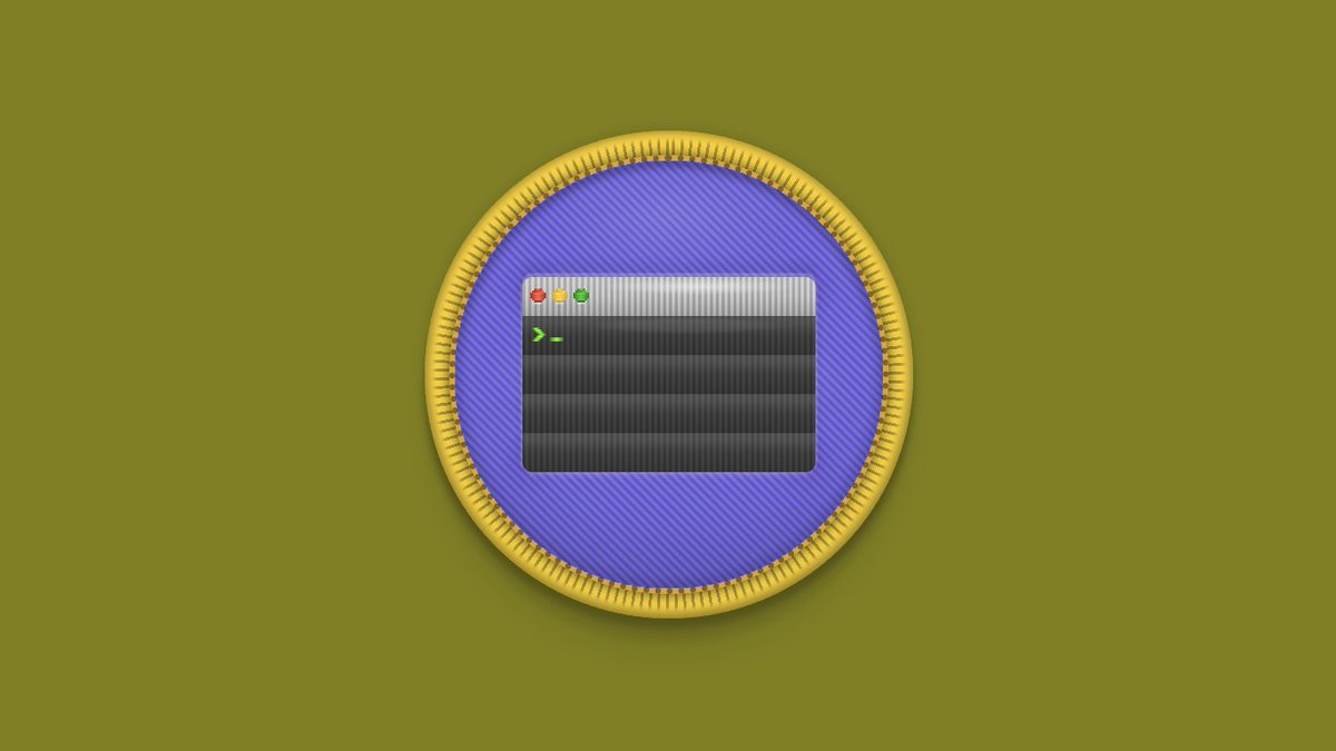 illustration of a merit badge with an embroidered command line terminal