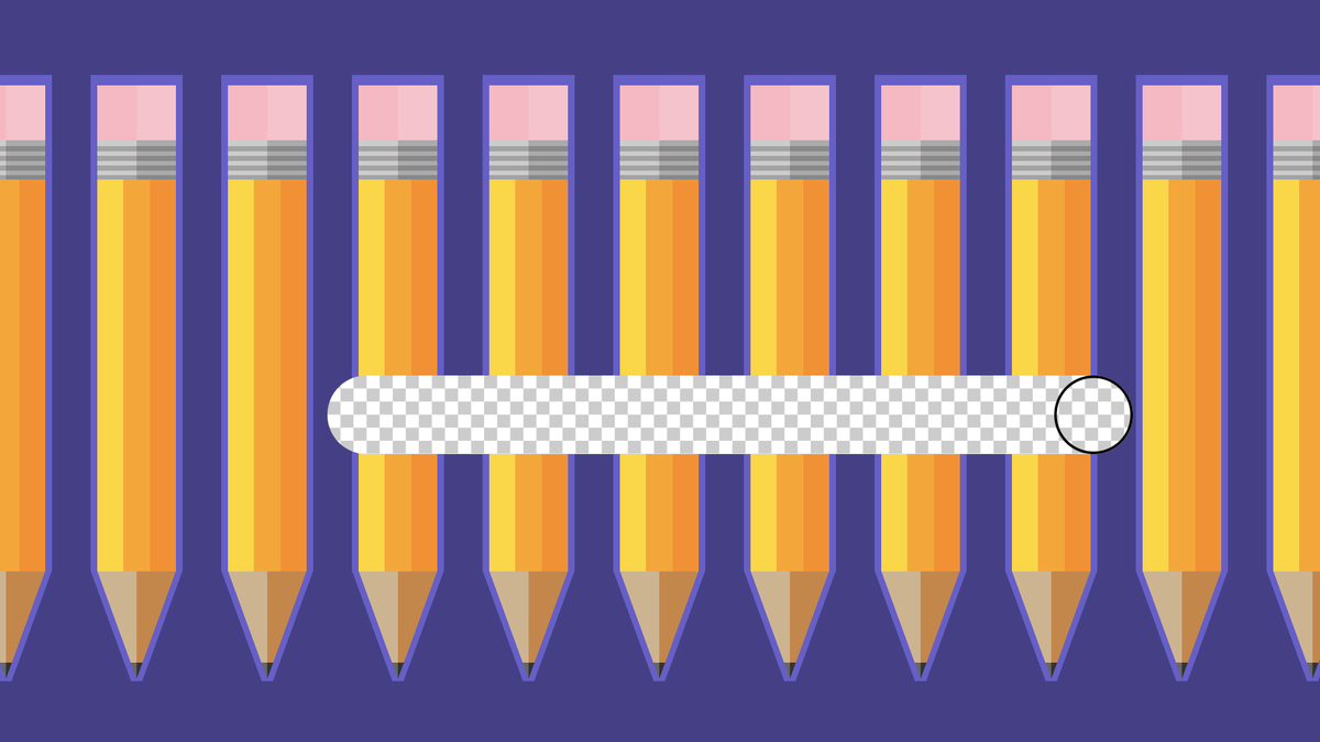 repeating background of pencils being erased to reveal a white and grey checkerboard pattern below, referencing Photoshop’s way of showing transparency