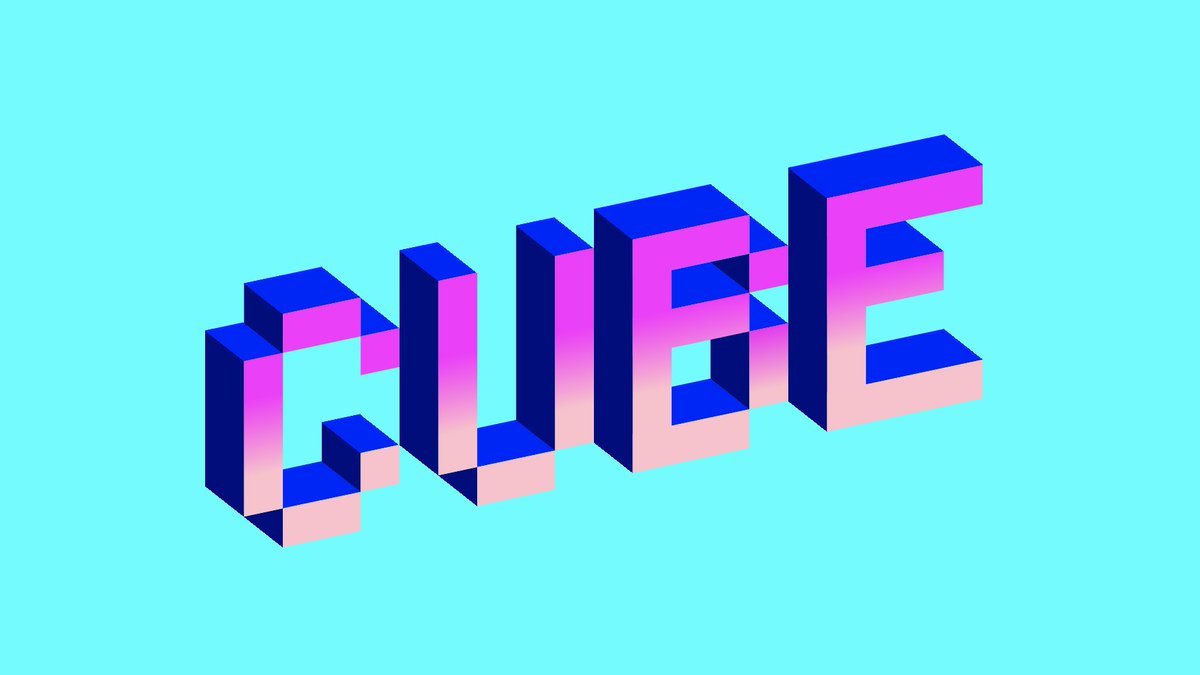 the word “cube” written in 3D cubed pixels, angled and in bright colors