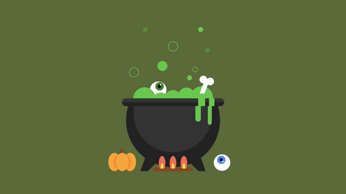 a cauldron over fire bubbling green brew with eyeballs and a bone sticking out