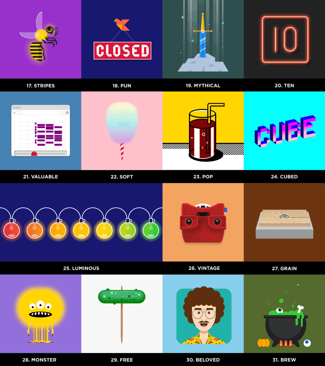 a grid of 15 more illustrations including the sword in the stone, cotton candy, and Weird Al