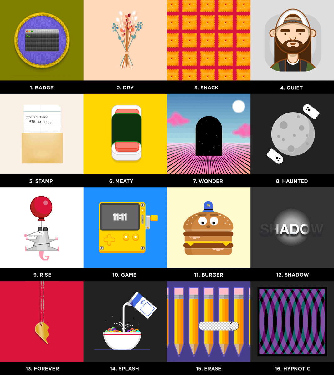 a grid of 16 illustrations including Silent Bob, Cheez-It crackers, and Office Big Mac 