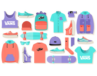 illustrations of Vans shoes, clothes, and skateboards