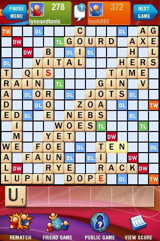 Scrabble game with scores 278 and 372