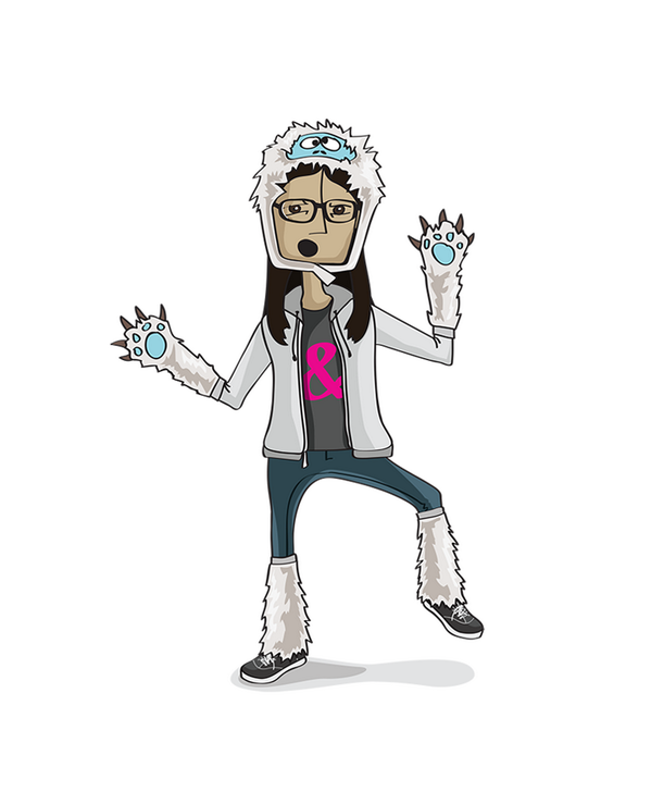 illustration of the author wearing an ampersand t-shirt and furry yeti hat and arm/leg warmers