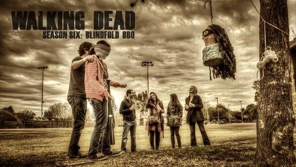 Walking Dead season 6: Blindfold BBQ; picture of Lynn blindfolded about to hit a piñata, but the photo is super contrasty and monochrome