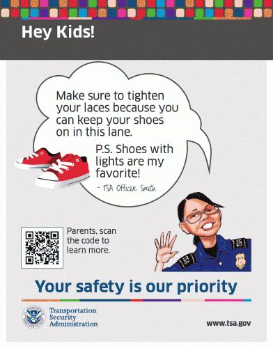 TSA safety signage with an illustration of an Asian woman TSA agent with glasses