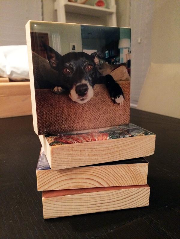 wood blocks with glossy photos printed on them