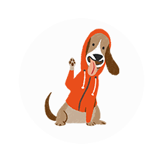 illustration of a waving dog wearing a red hoodie